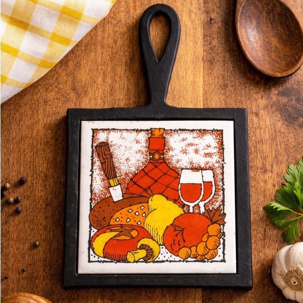 Cherry Cast Iron Tile Trivet 70s Kitchen Food Wine Design Retro 9" Made in Japan